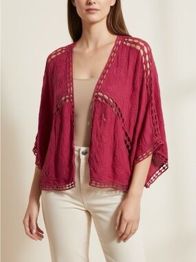 Torrid Deep Raspberry Openwork Crochet-Trim Kimono Cardigan